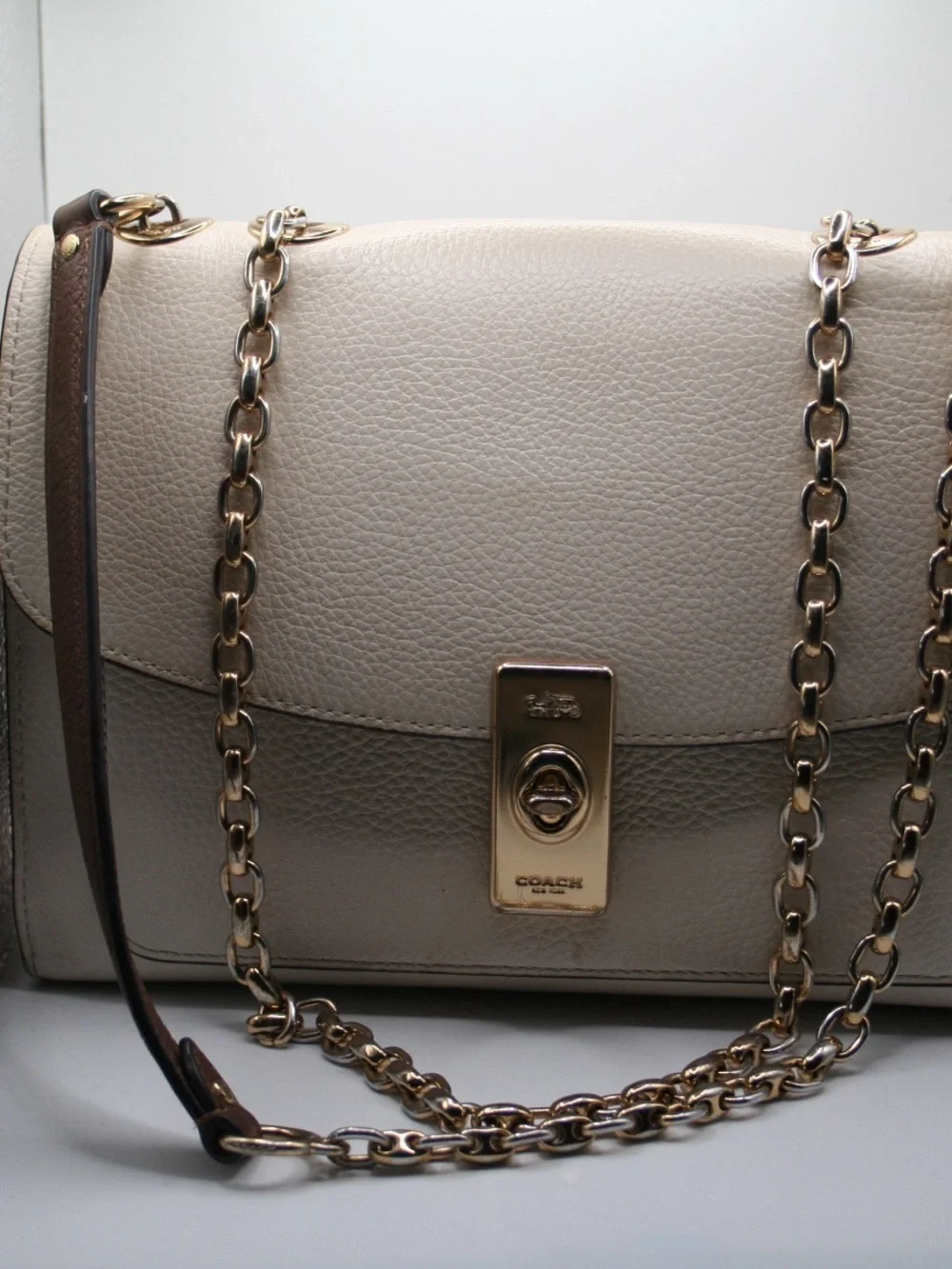 Coach Pebbled Leather Shoulder Bag in Cream with Gold Chain